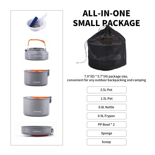 Ein komplettes Kochgeschirr-Set für Camping mit Töpfen, Pfanne und Zubehör.