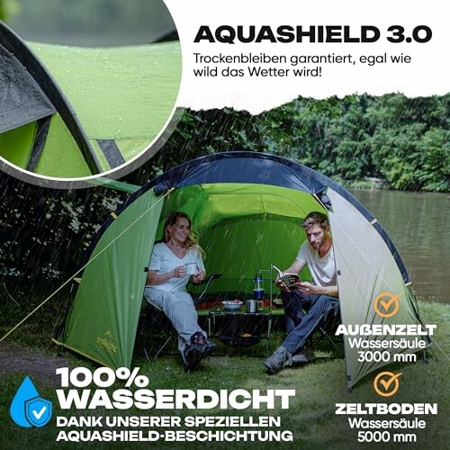 Zwei Personen im Zelt bei Regen, Aquashield 3.0 wasserdicht