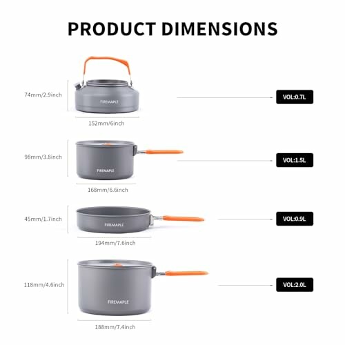 Produktabmessungen von Camping-Kochgeschirr mit Volumenangaben.