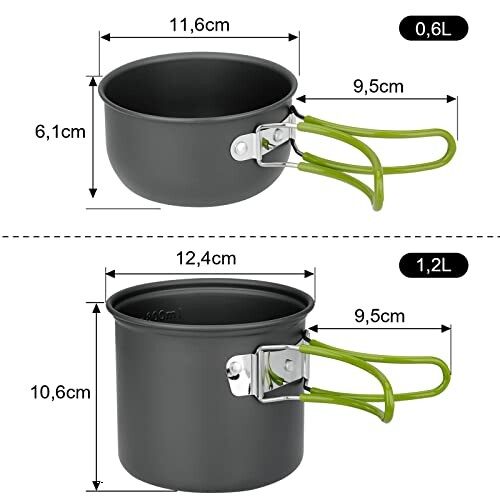 Zwei Töpfe mit Klappgriffen und Maßangaben