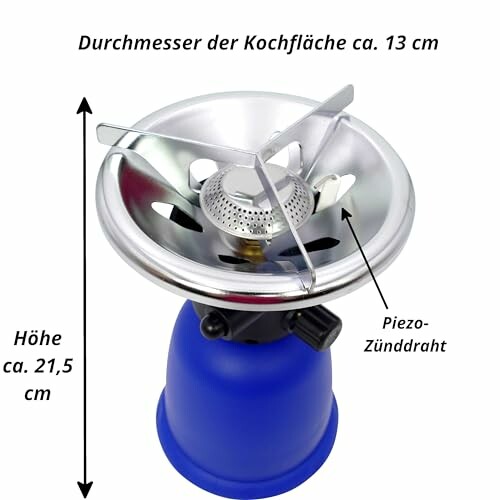 Kompakter Gaskocher mit blauer Basis und Metallbrenner.