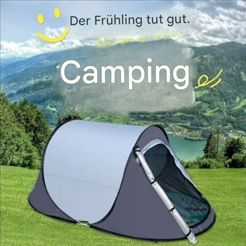 Zelt auf Wiese mit Bergblick und See