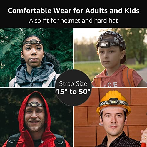 Vier Personen tragen Stirnlampen in verschiedenen Umgebungen.