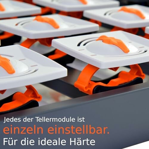 Nahaufnahme von verstellbaren Tellermodulen mit orangefarbenen Clips.