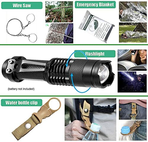 Überlebensausrüstung mit Drahtsäge, Notfalldecke, Taschenlampe und Wasserflaschenclip