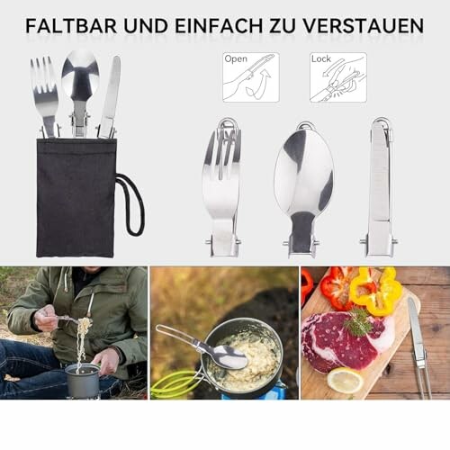 Faltbares Camping-Besteckset mit Tasche und Anwendungsbeispielen.