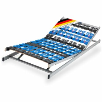 Verstellbarer Lattenrost mit blauen und schwarzen Federn, hergestellt in Deutschland.