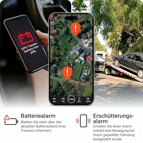 Smartphone-App zeigt GPS-Tracker-Alarm und Abschleppwagen.