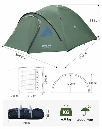 Grünes Zelt mit Abmessungen und Packdetails.