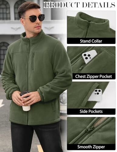 Mann trägt grüne Fleecejacke mit Reißverschlusstaschen und Stehkragen.