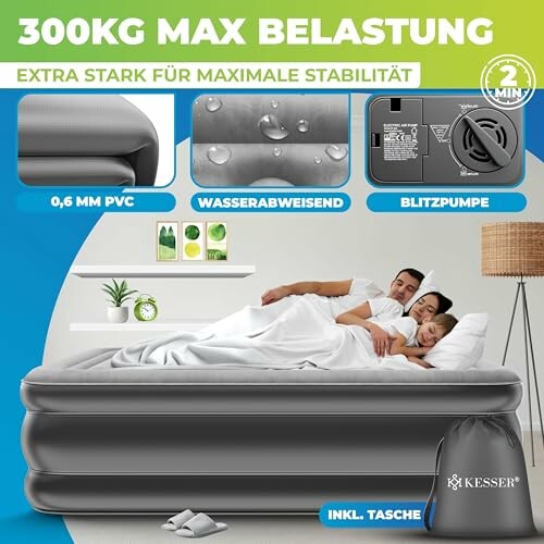 Luftmatratze mit 300 kg Belastbarkeit, wasserabweisend, Blitzpumpe, inkl. Tasche