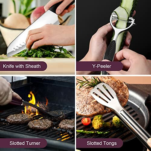 Verschiedene Küchengeräte im Einsatz, darunter Messer, Schäler, Wender und Zange.