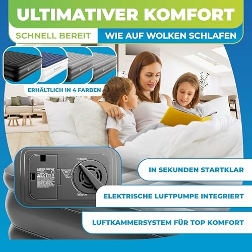 Familie entspannt auf einem Luftbett mit Pumpe