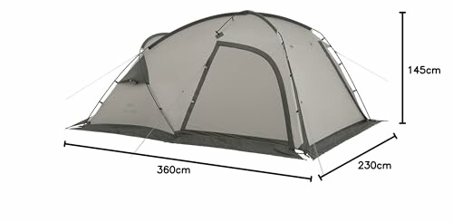 Großes graues Zelt mit Maßen 360 cm Länge, 230 cm Breite, 145 cm Höhe.