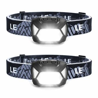 Zwei schwarze LED-Stirnlampen mit verstellbarem Band.