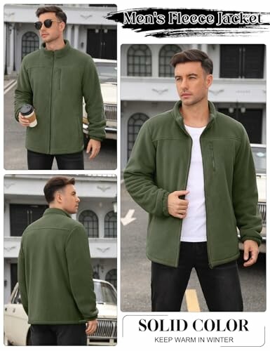 Mann trägt grüne Fleecejacke.