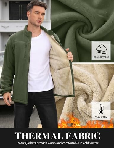 Männer in einer grünen Thermojacke mit weicher Innenseite.