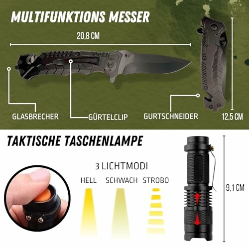Multifunktionsmesser und taktische Taschenlampe mit Funktionen.