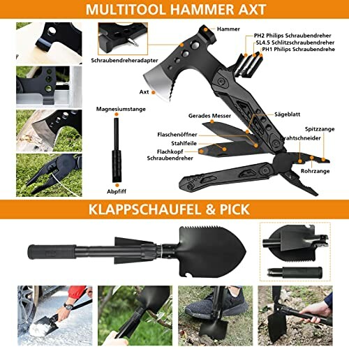 Multitool Hammer Axt und Klappschaufel mit Zubehör.