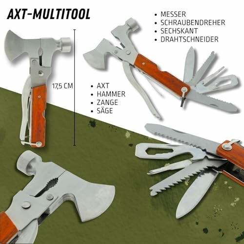 Multitool mit Axt, Hammer, Messer und weiteren Werkzeugen.