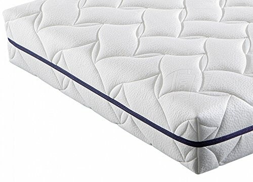 Nahaufnahme einer weißen orthopädischen Matratze mit blauer Kante.