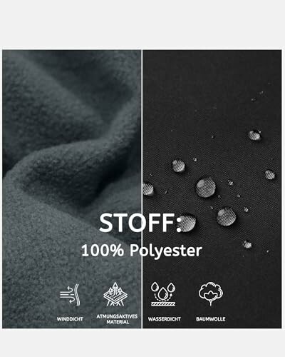 Schwarzer Stoff mit Wassertröpfchen, 100% Polyester.