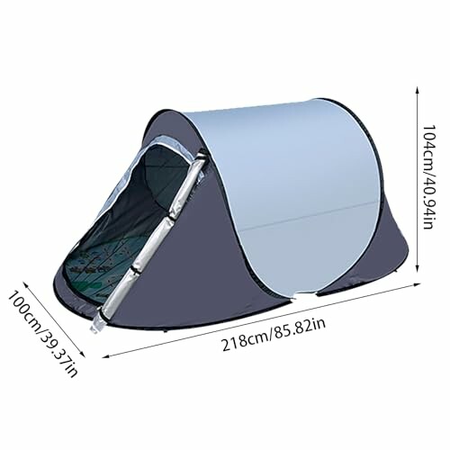 Blaues Pop-up-Zelt mit Abmessungen.