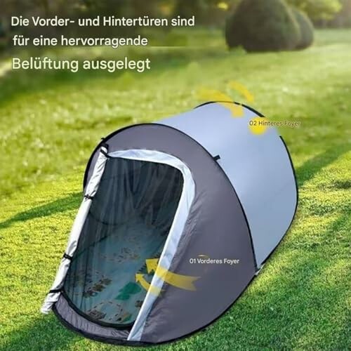 Graues Pop-Up-Zelt mit geöffneter Tür und Text über Belüftung.