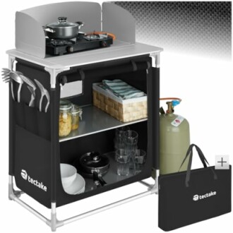 Tragbare Campingküche mit Gasherd und Zubehör.