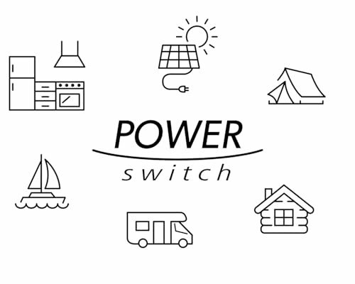 Symbole für Küche, Solarpanel, Zelt, Boot, Wohnmobil und Haus umgeben das Wort 'Power switch'.