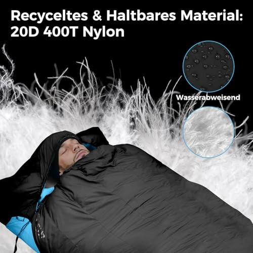 Person in einem schwarzen Schlafsack aus recyceltem, haltbarem Nylon.