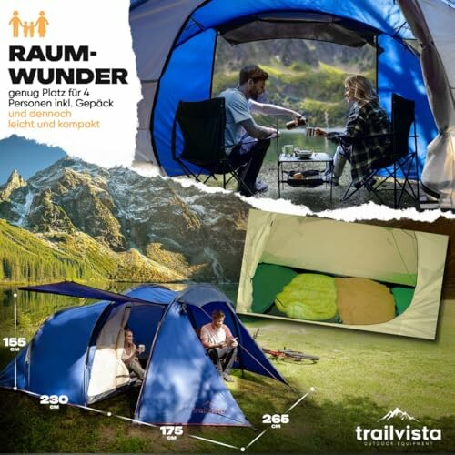 Großes Zelt im Freien mit zwei Personen beim Campen