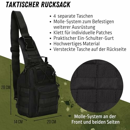 Schwarzer taktischer Rucksack mit mehreren Taschen und Molle-System.