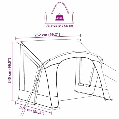 Diagramm der Zeltabmessungen mit Breite, Höhe und Gewicht.