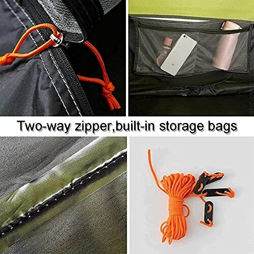 Zelt mit Zwei-Wege-Reißverschluss, eingebauten Taschen und Seil.
