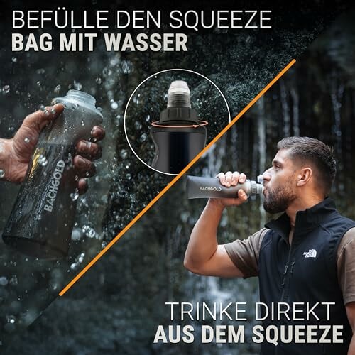 Mann trinkt aus einer Squeeze-Wasserflasche mit Filter.