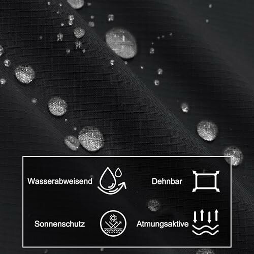 Detailaufnahme von wasserabweisendem Stoff mit Symbolen für Dehnbarkeit, Sonnenschutz und Atmungsaktivität.