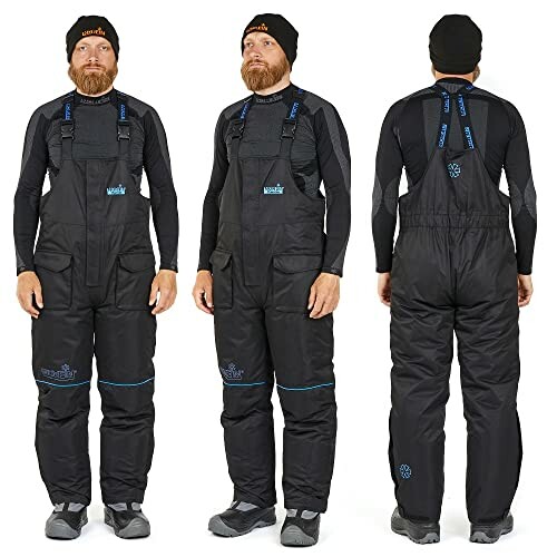 Person mit schwarzer Winter-Angelbekleidung von vorne, seitlich und hinten.